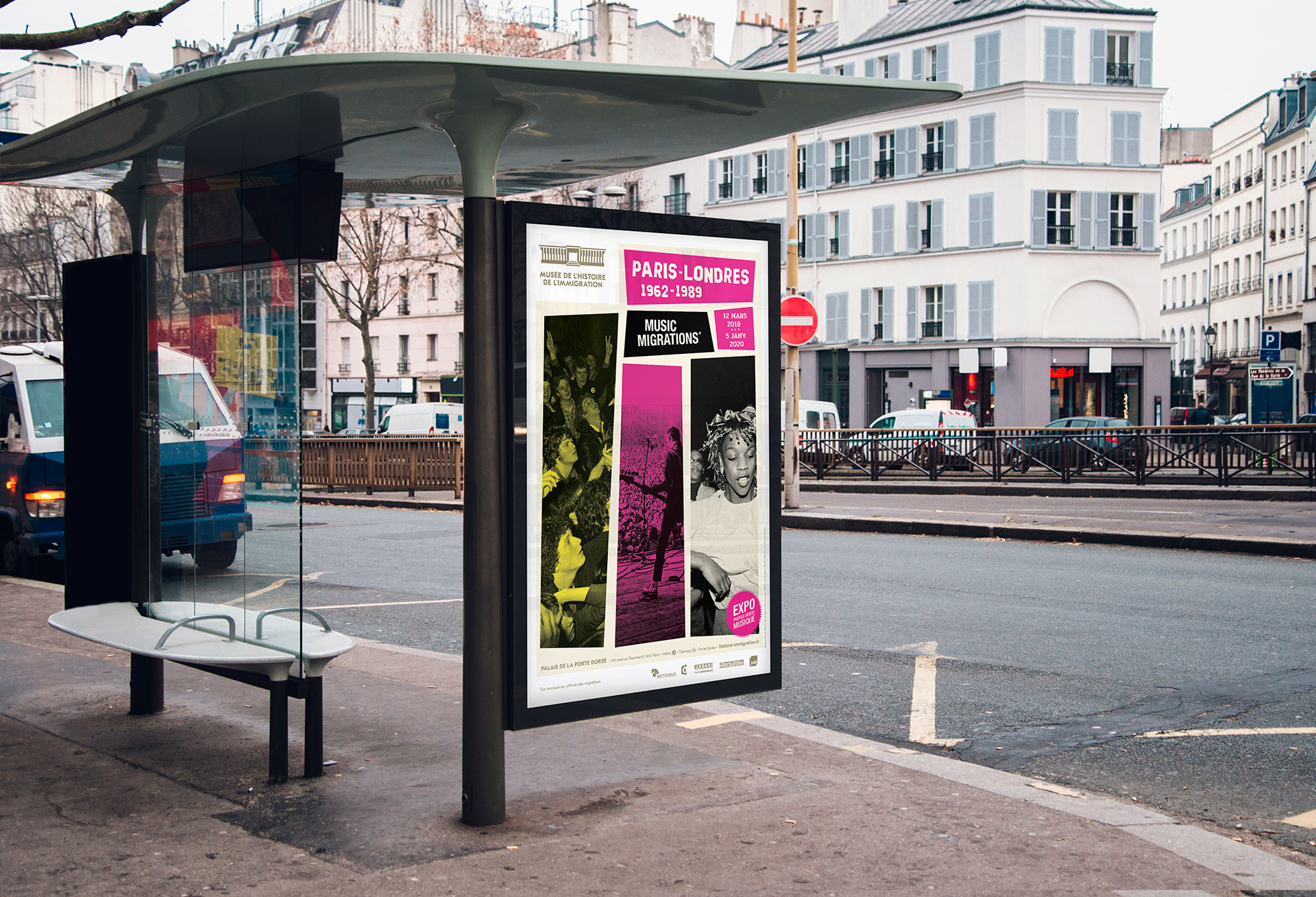 Visual communication of the exhibition Paris-Londres, Music Migrations at the Musée de l'Histoire de l'Immigration in Paris © BETC / Pierre d'Alteroche / Loïc Carrière / Pacôme Gabrillagues