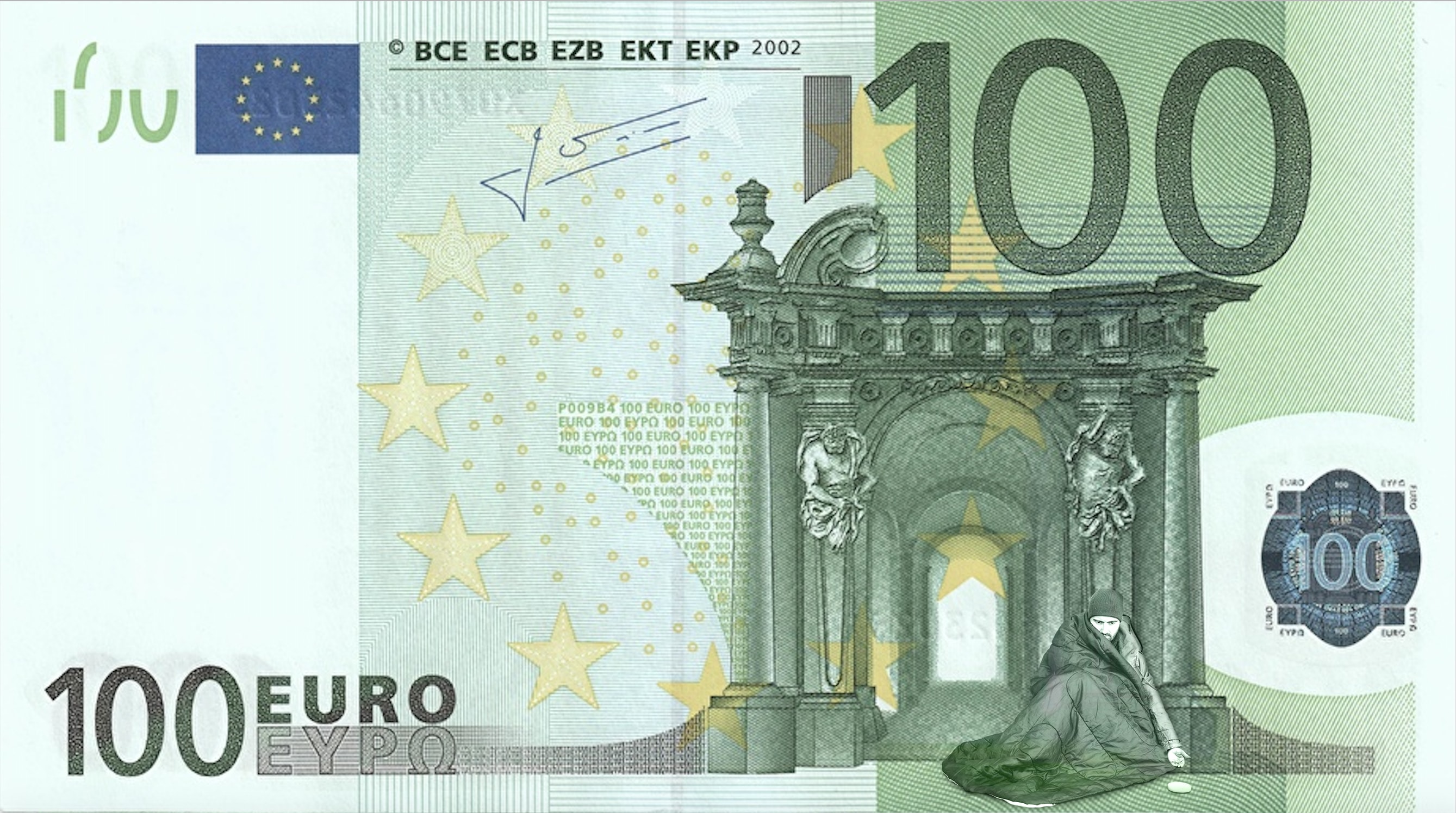 Street action with fake banknotes of the french Samu Social © Pierre d'Alteroche